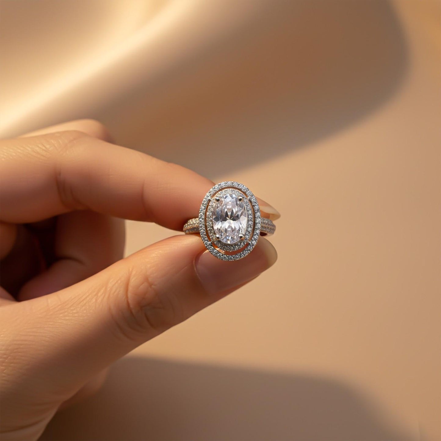 3.25Ct Oval Moissanite Double Halo Engagement Ring