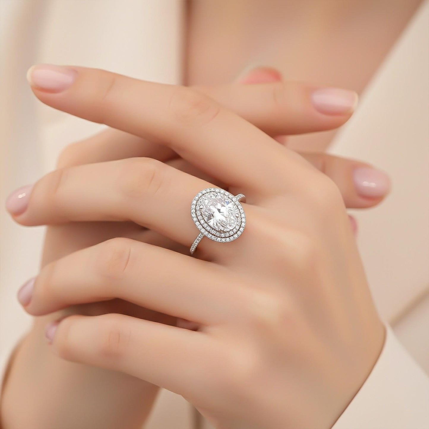 3.25Ct Oval Moissanite Double Halo Engagement Ring