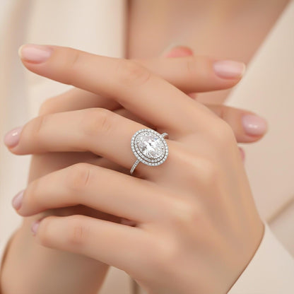 3.25Ct Oval Moissanite Double Halo Engagement Ring