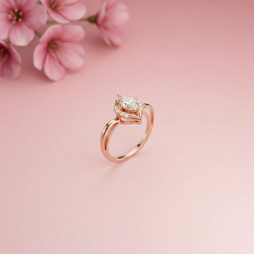 0.88Ct Moissanite Marquise Halo Elegance Ring