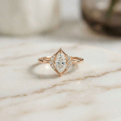 0.88Ct Moissanite Marquise Halo Elegance Ring