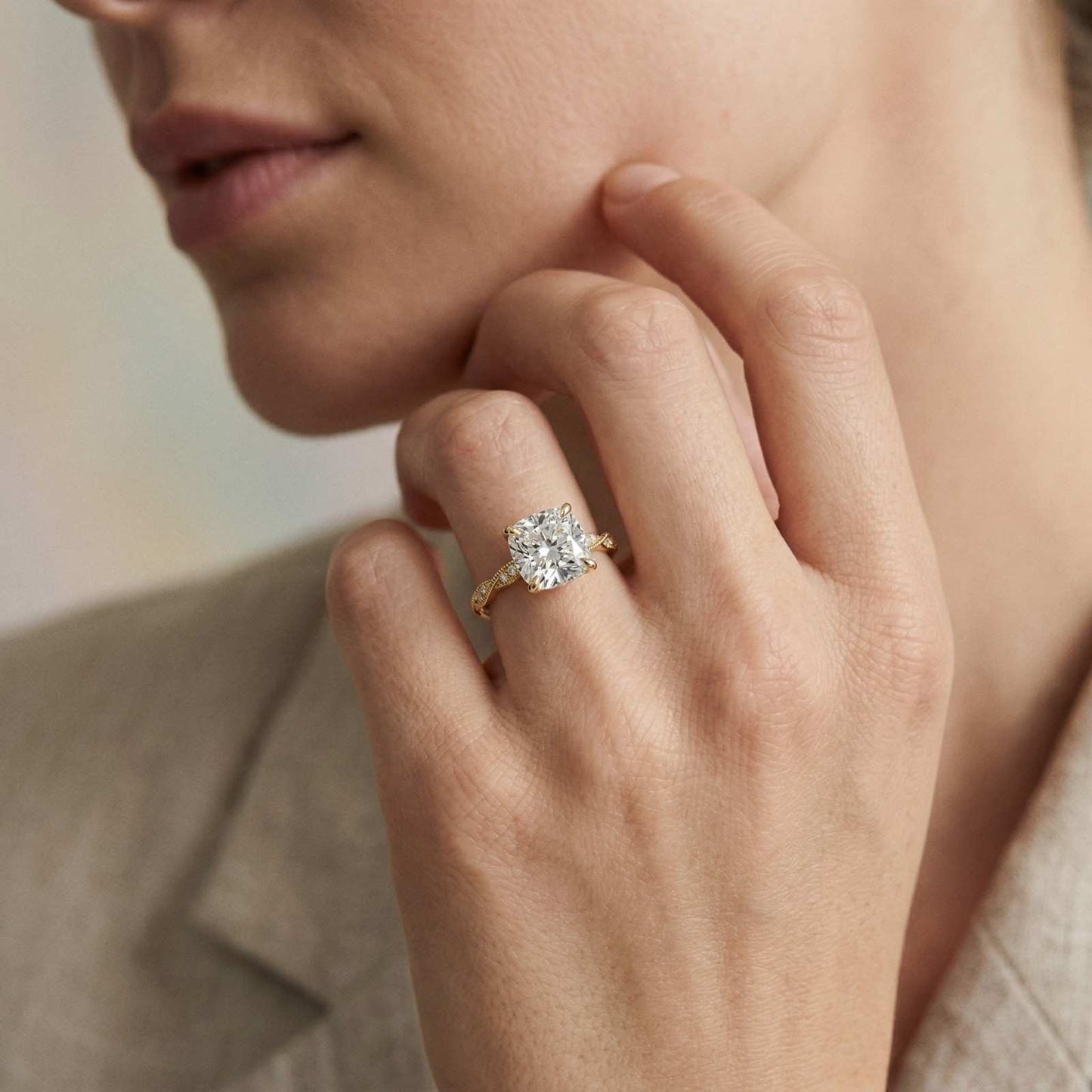 3.08Ct Moissanite Cushion Cut Pave Twist Ring
