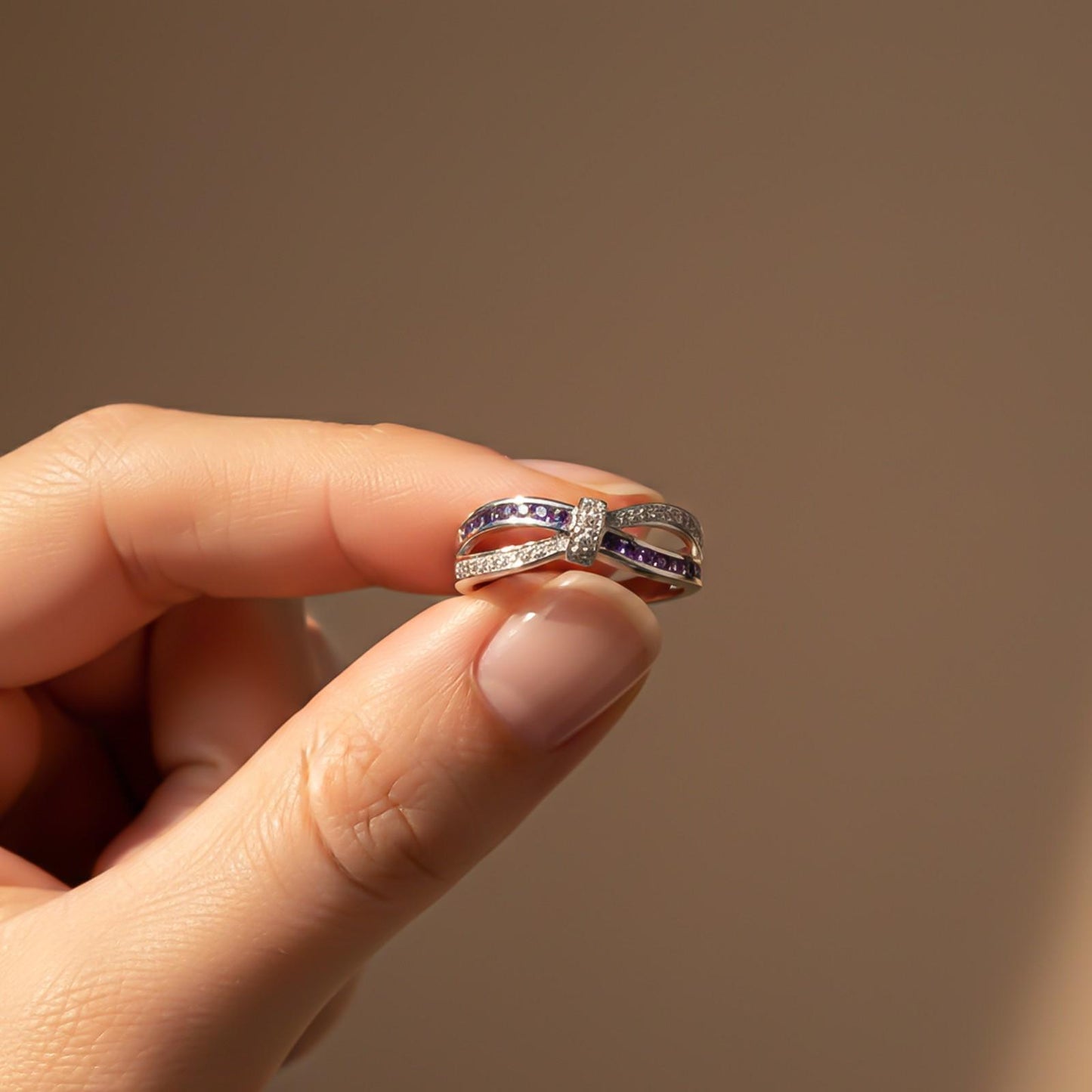 0.25Ct Moissanite & Amethyst Eye Band Ring