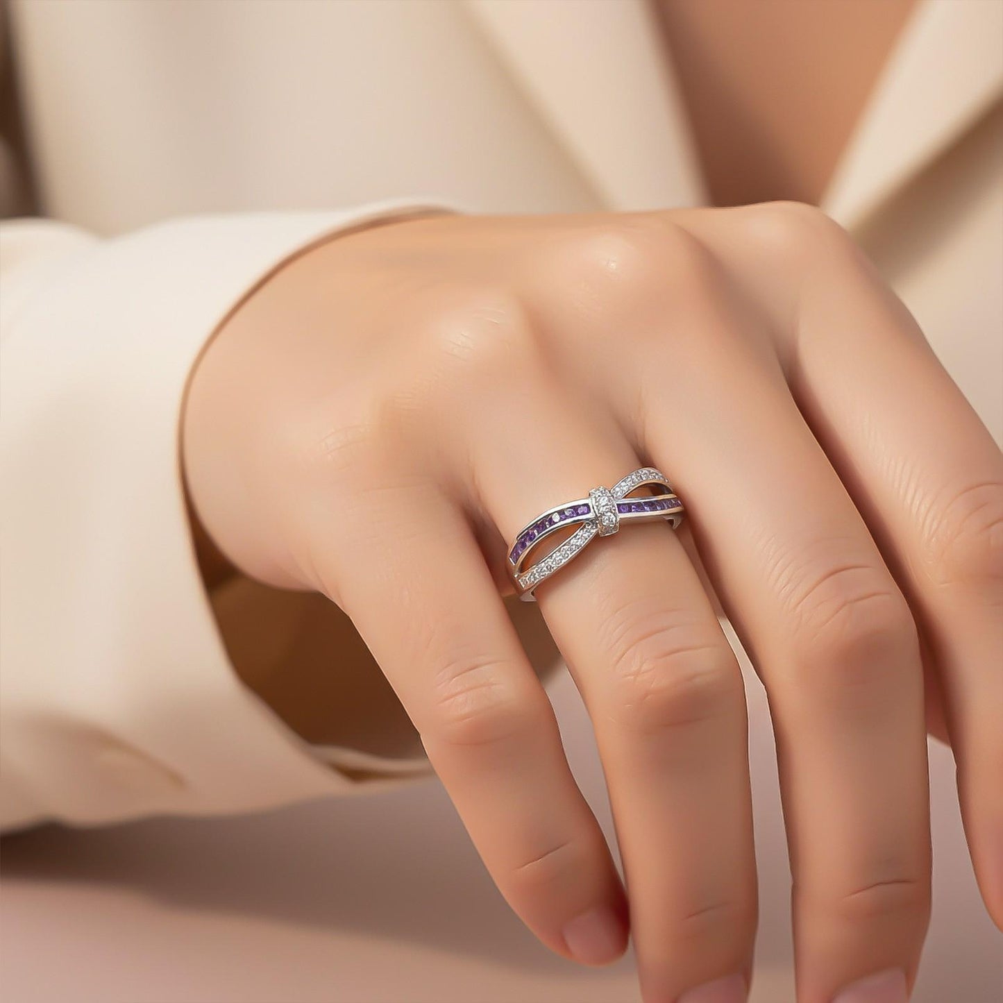 0.25Ct Moissanite & Amethyst Eye Band Ring