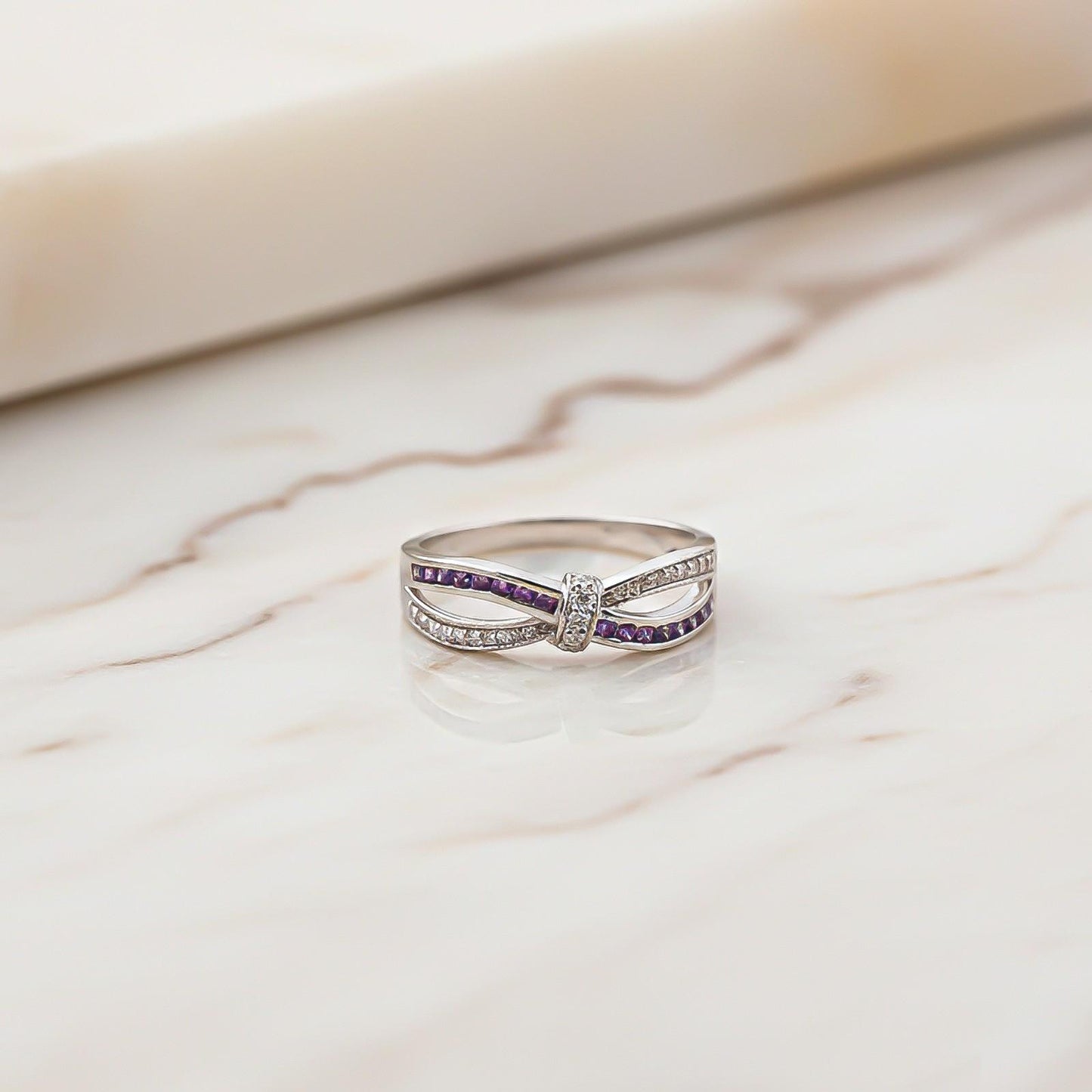 0.25Ct Moissanite & Amethyst Eye Band Ring