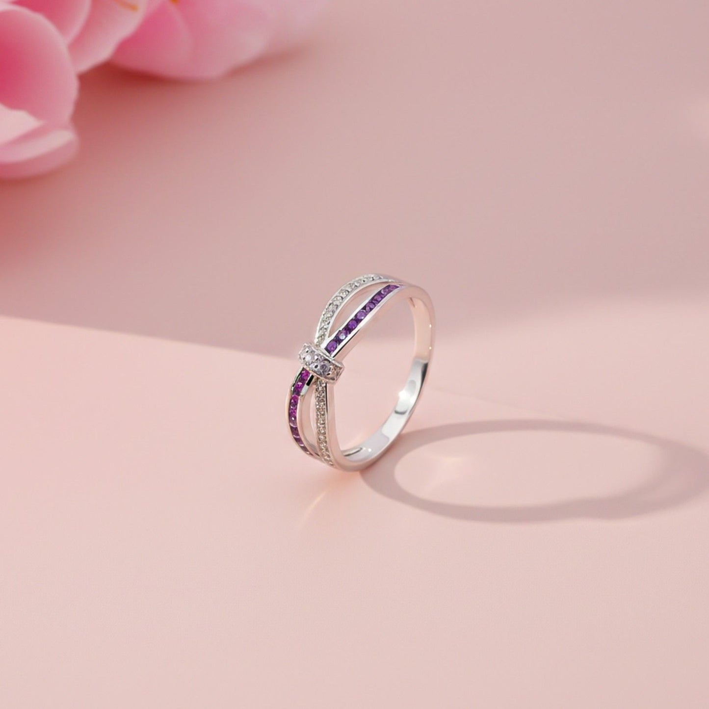 0.25Ct Moissanite & Amethyst Eye Band Ring