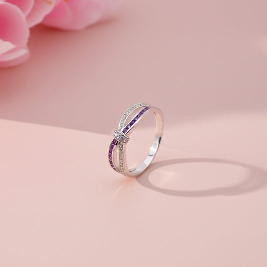 0.25Ct Moissanite & Amethyst Eye Band Ring