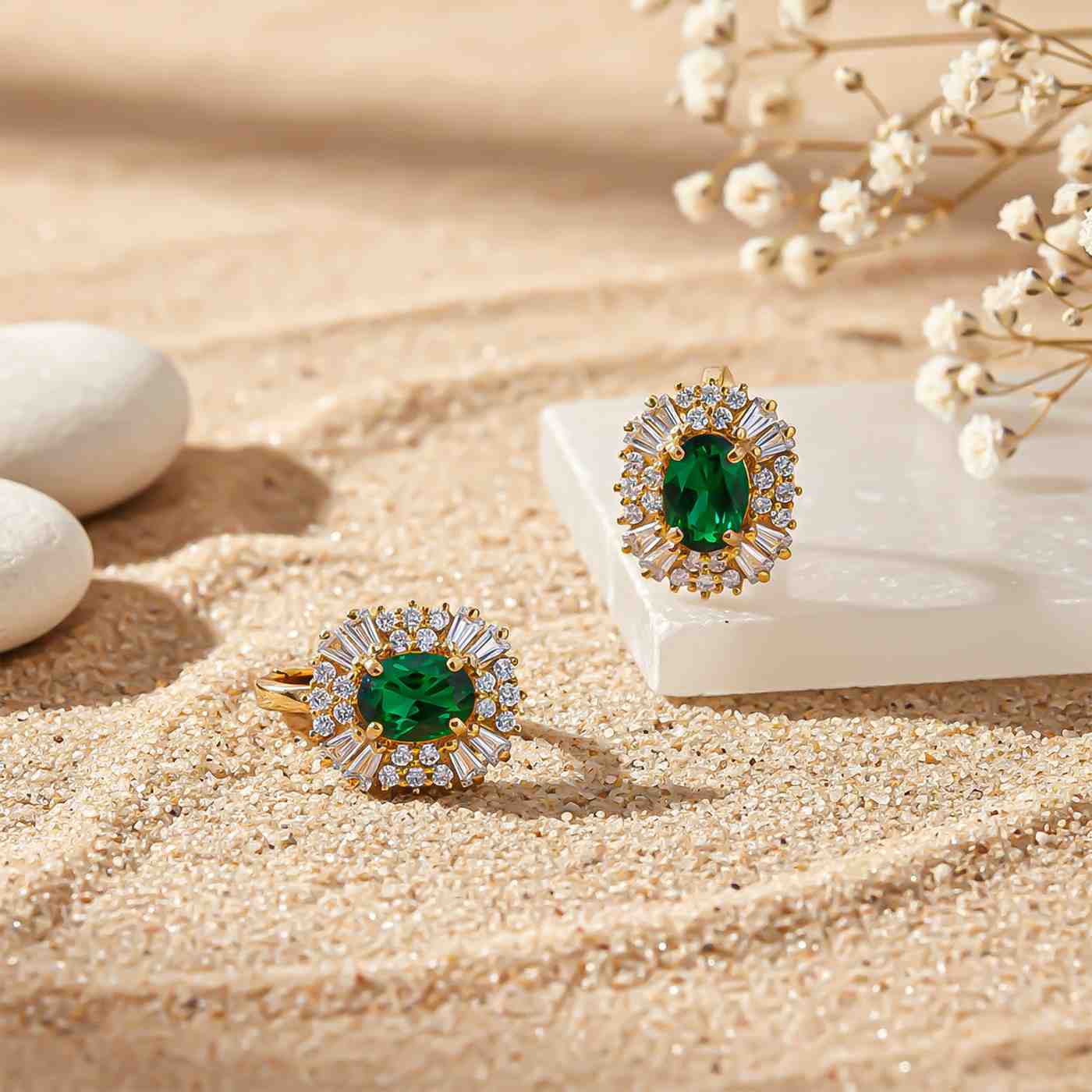 Golden Green Emerald & Moissanite Huggie Earrings