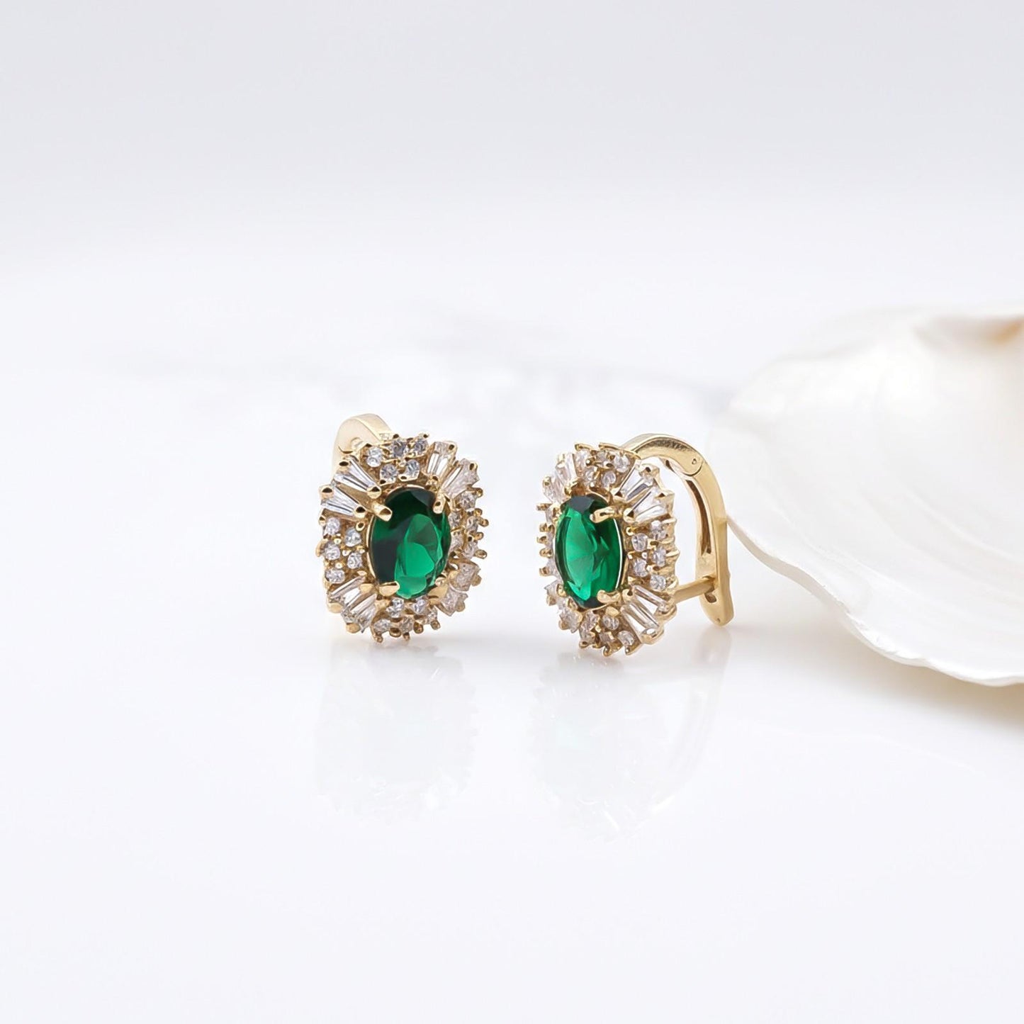 Golden Green Emerald & Moissanite Huggie Earrings