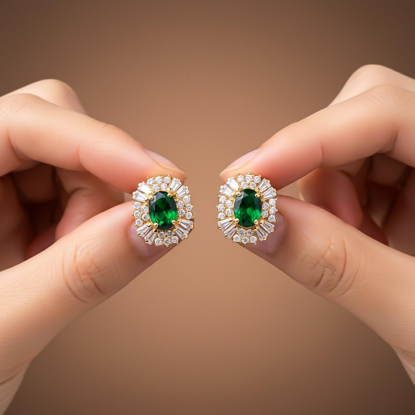 Golden Green Emerald & Moissanite Huggie Earrings