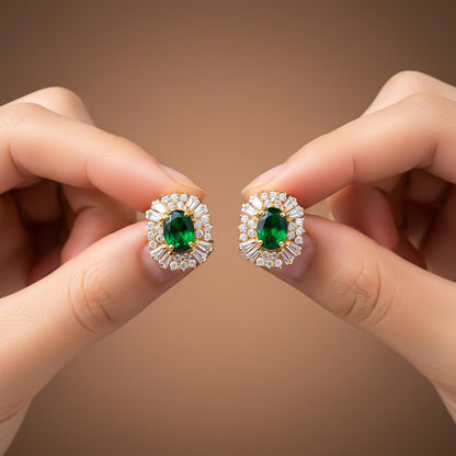 Golden Green Emerald & Moissanite Huggie Earrings