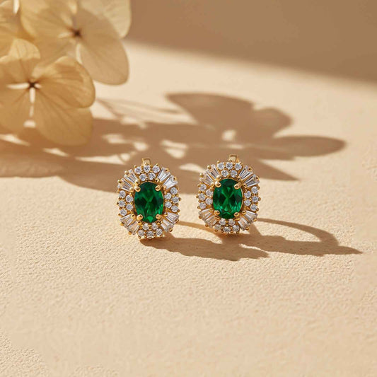 Golden Green Emerald & Moissanite Huggie Earrings