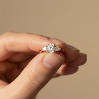Silver Oval and Pear Moissanite Trilogy Ring