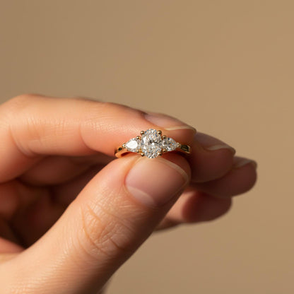 Silver Oval and Pear Moissanite Trilogy Ring