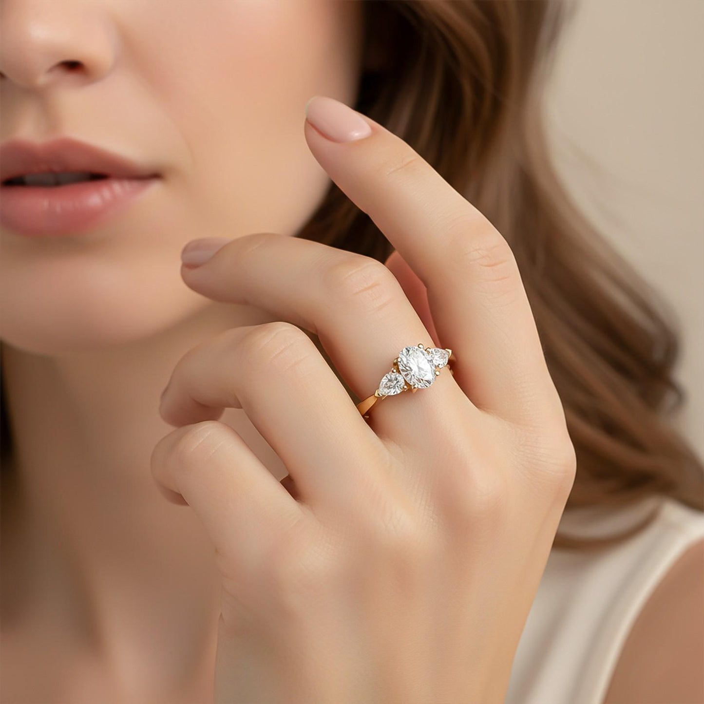 Silver Oval and Pear Moissanite Trilogy Ring