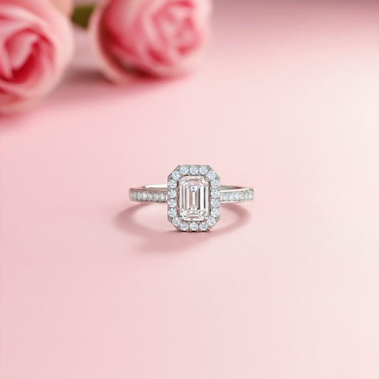 1Ctw Moissanite Elizabeth Emerald Halo Shoulder Ring