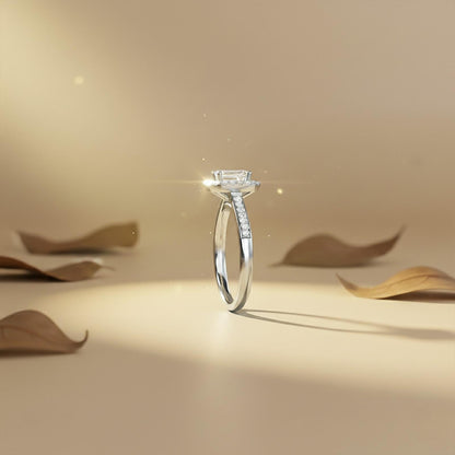 1Ctw Moissanite Elizabeth Emerald Halo Shoulder Ring
