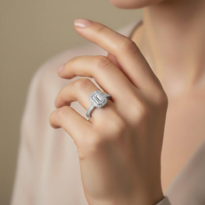 1Ctw Moissanite Elizabeth Emerald Halo Shoulder Ring