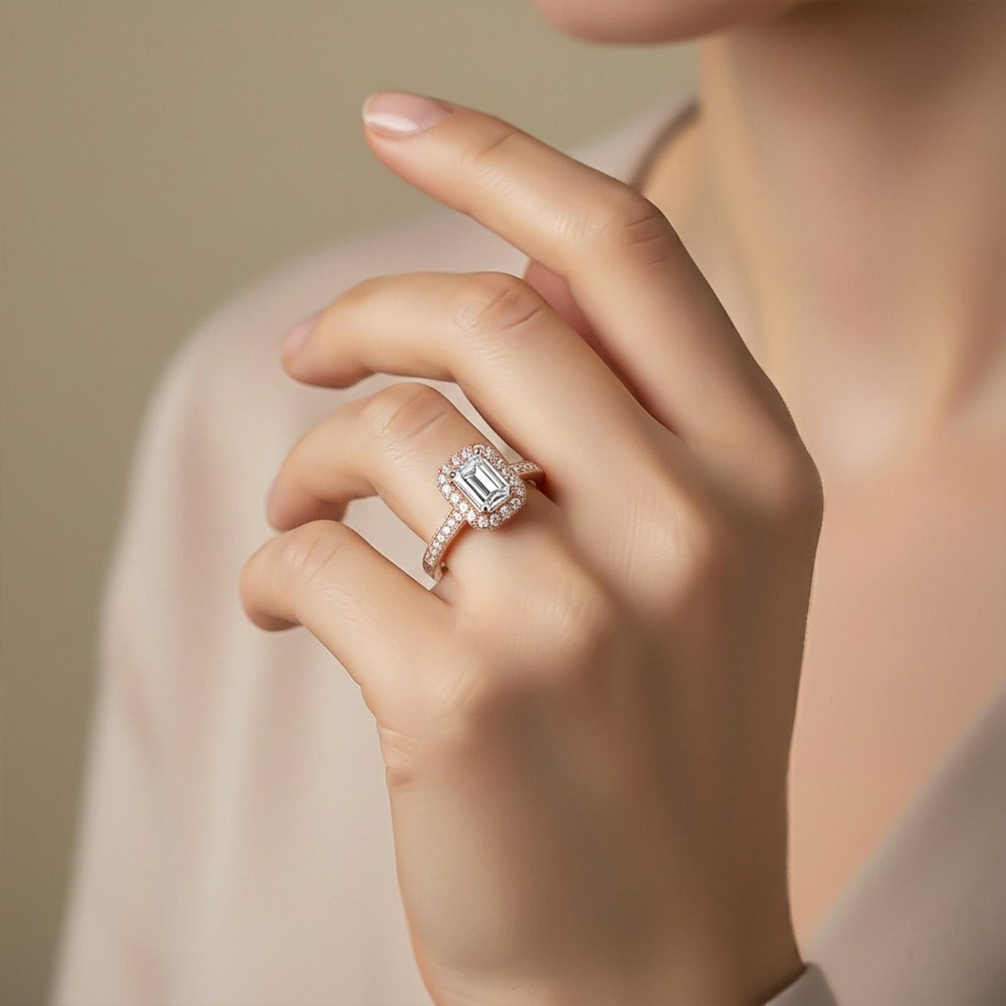 1Ctw Moissanite Elizabeth Emerald Halo Shoulder Ring