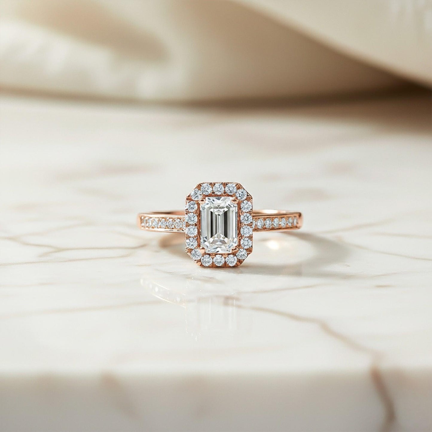 1Ctw Moissanite Elizabeth Emerald Halo Shoulder Ring