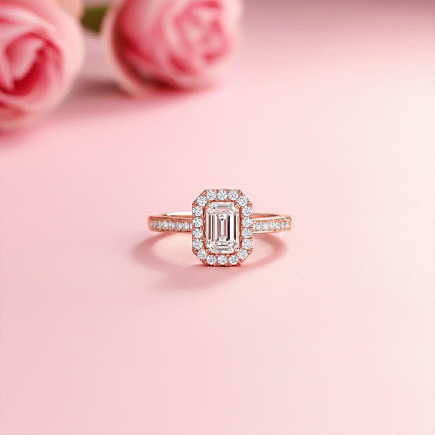 1Ctw Moissanite Elizabeth Emerald Halo Shoulder Ring