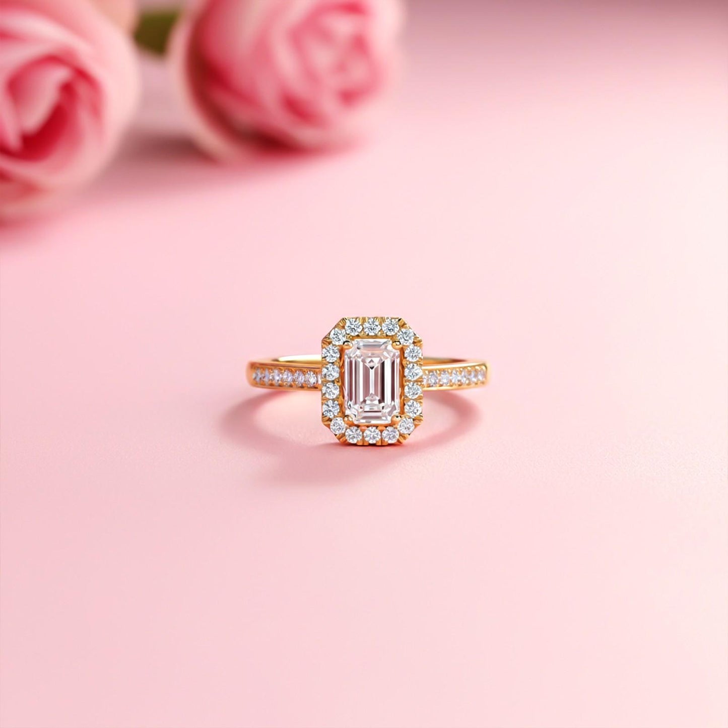 1Ctw Moissanite Elizabeth Emerald Halo Shoulder Ring