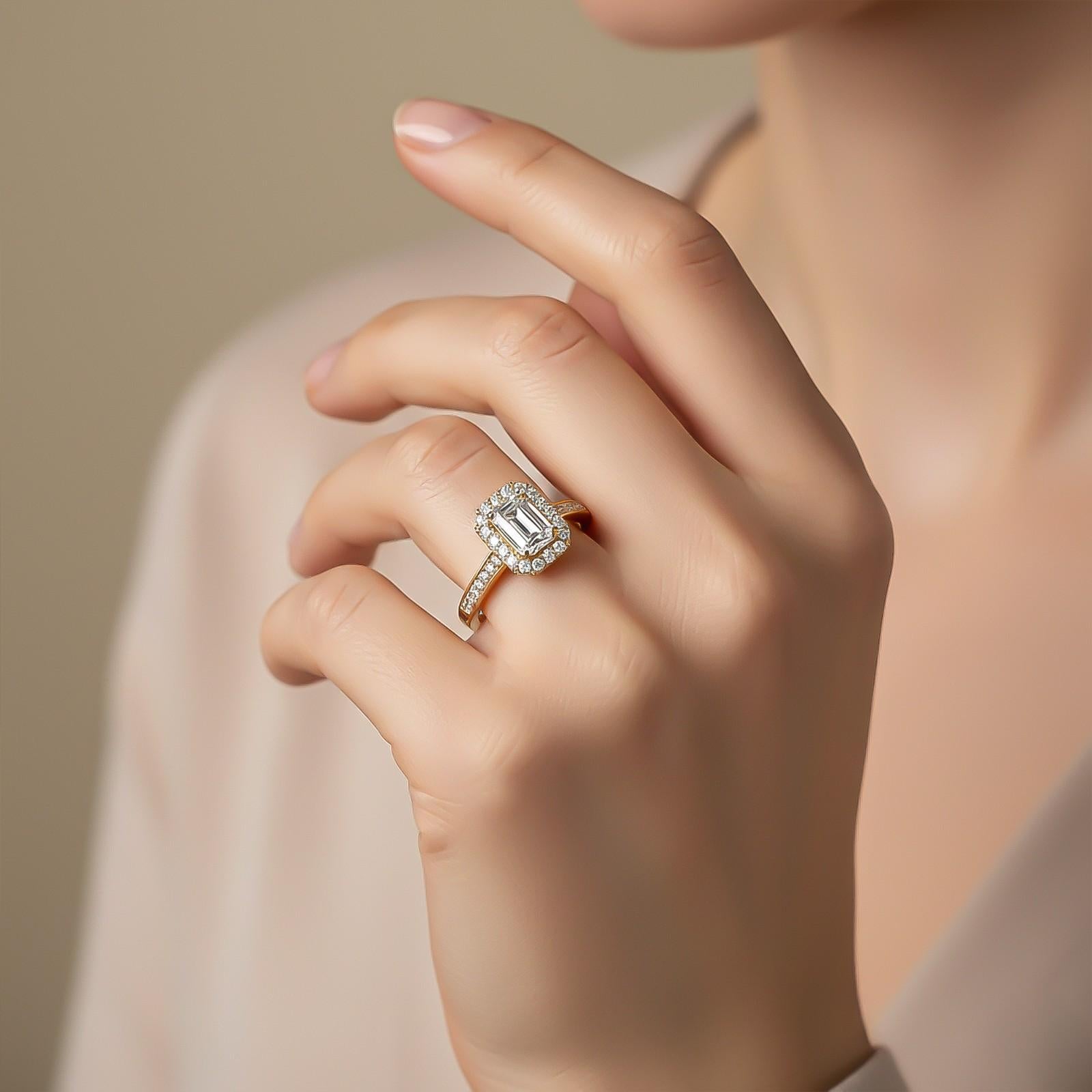 1Ctw Moissanite Elizabeth Emerald Halo Shoulder Ring