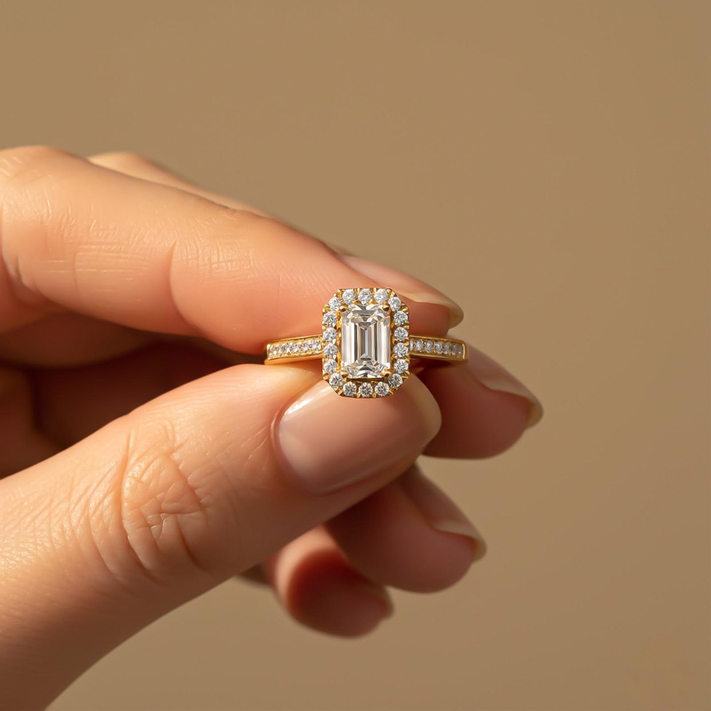 1Ctw Moissanite Elizabeth Emerald Halo Shoulder Ring