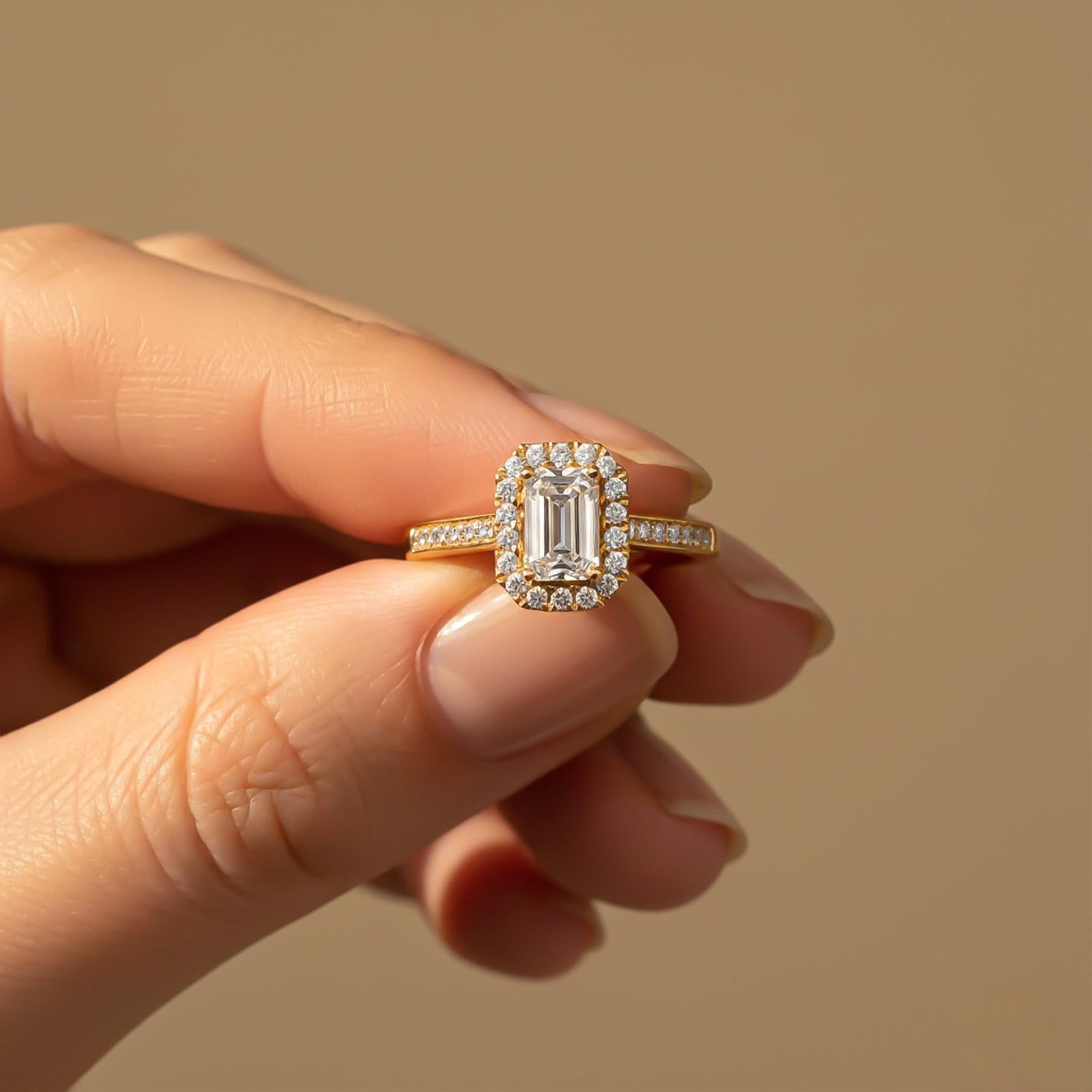 1Ctw Moissanite Elizabeth Emerald Halo Shoulder Ring