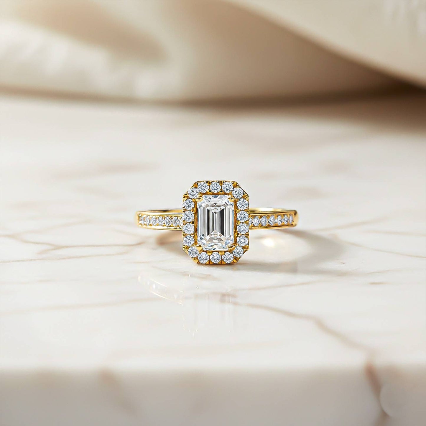 1Ctw Moissanite Elizabeth Emerald Halo Shoulder Ring