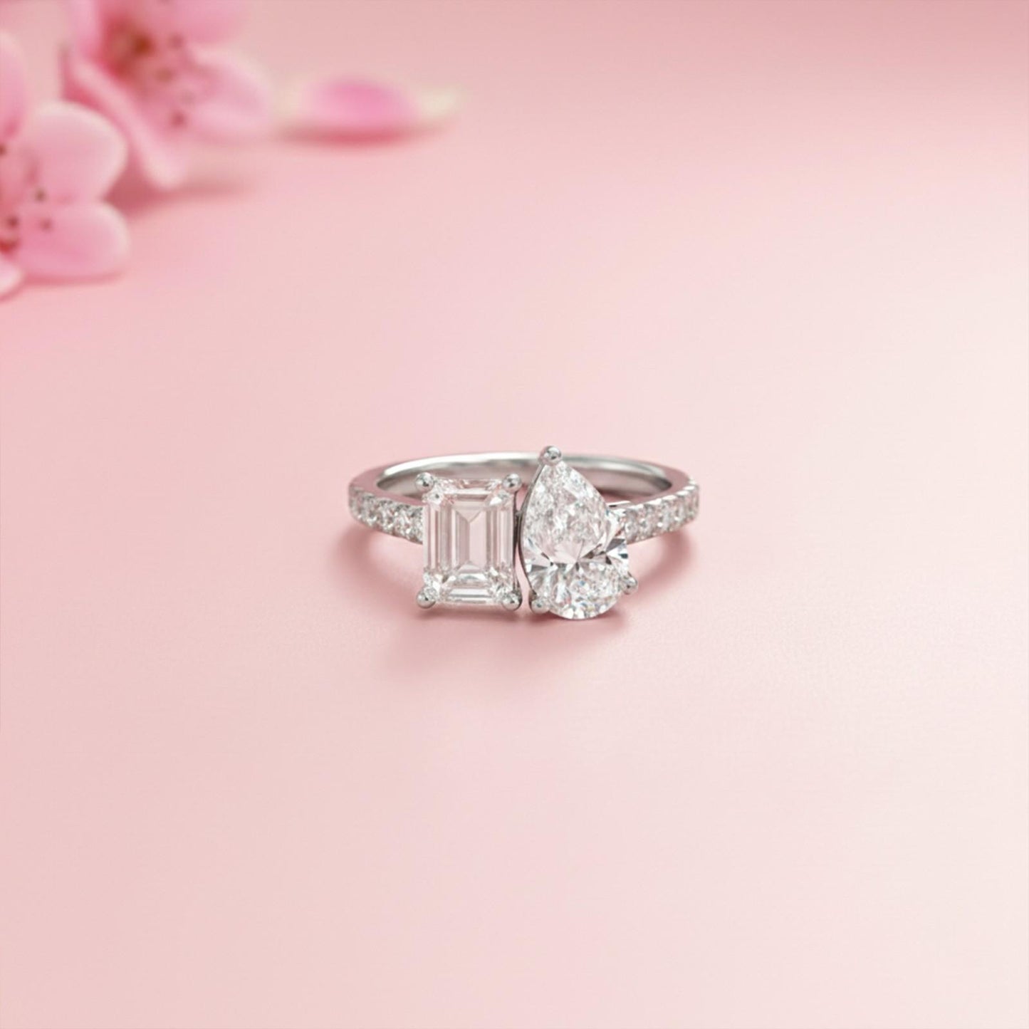 2.10Ctw Emerald & Pear Moissanite Dual Stone Accent Ring
