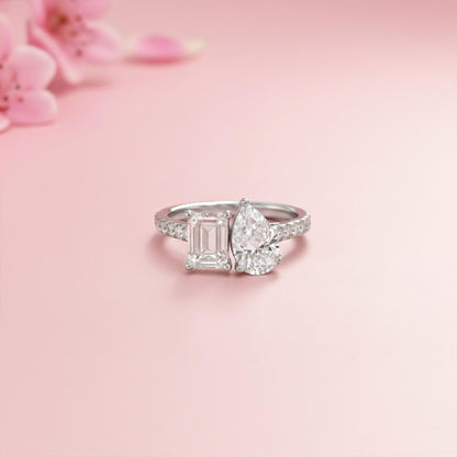 2.10Ctw Emerald & Pear Moissanite Dual Stone Accent Ring
