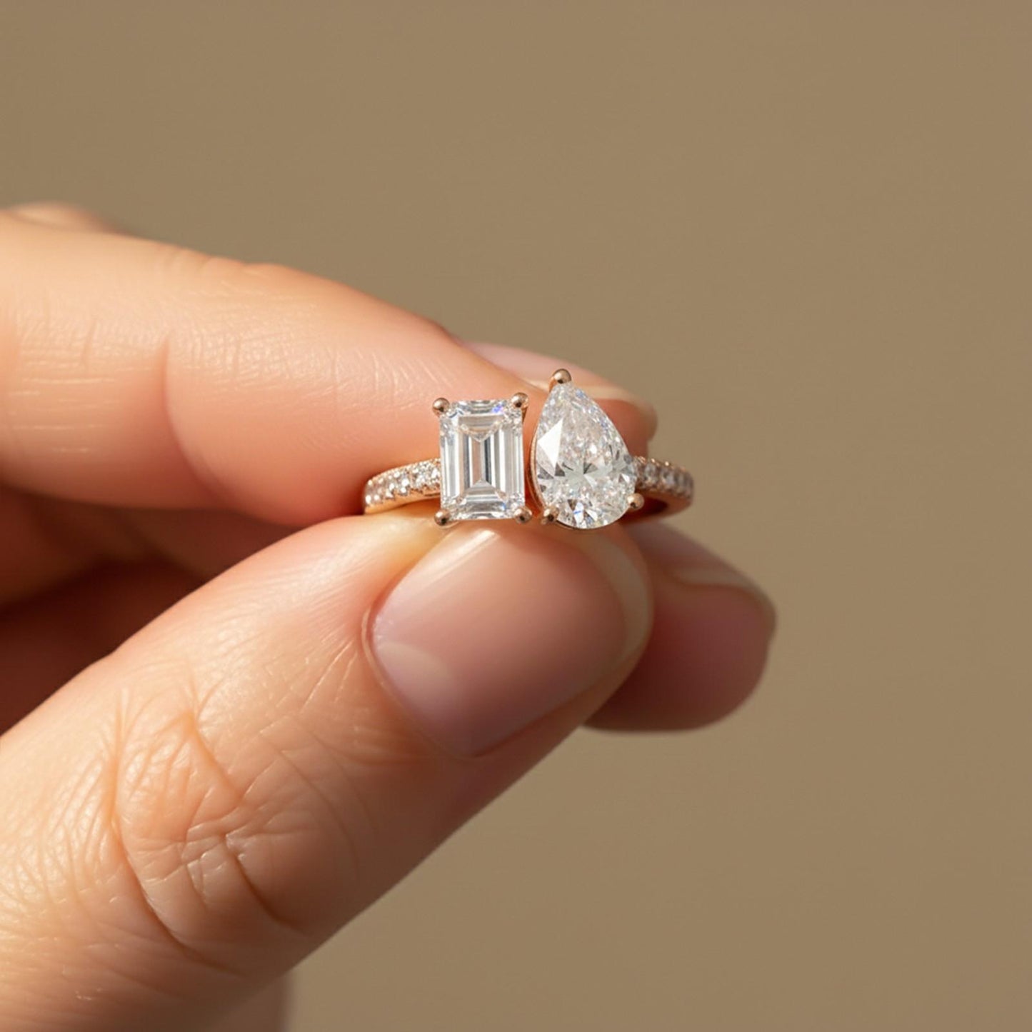 2.10Ctw Emerald & Pear Moissanite Dual Stone Accent Ring