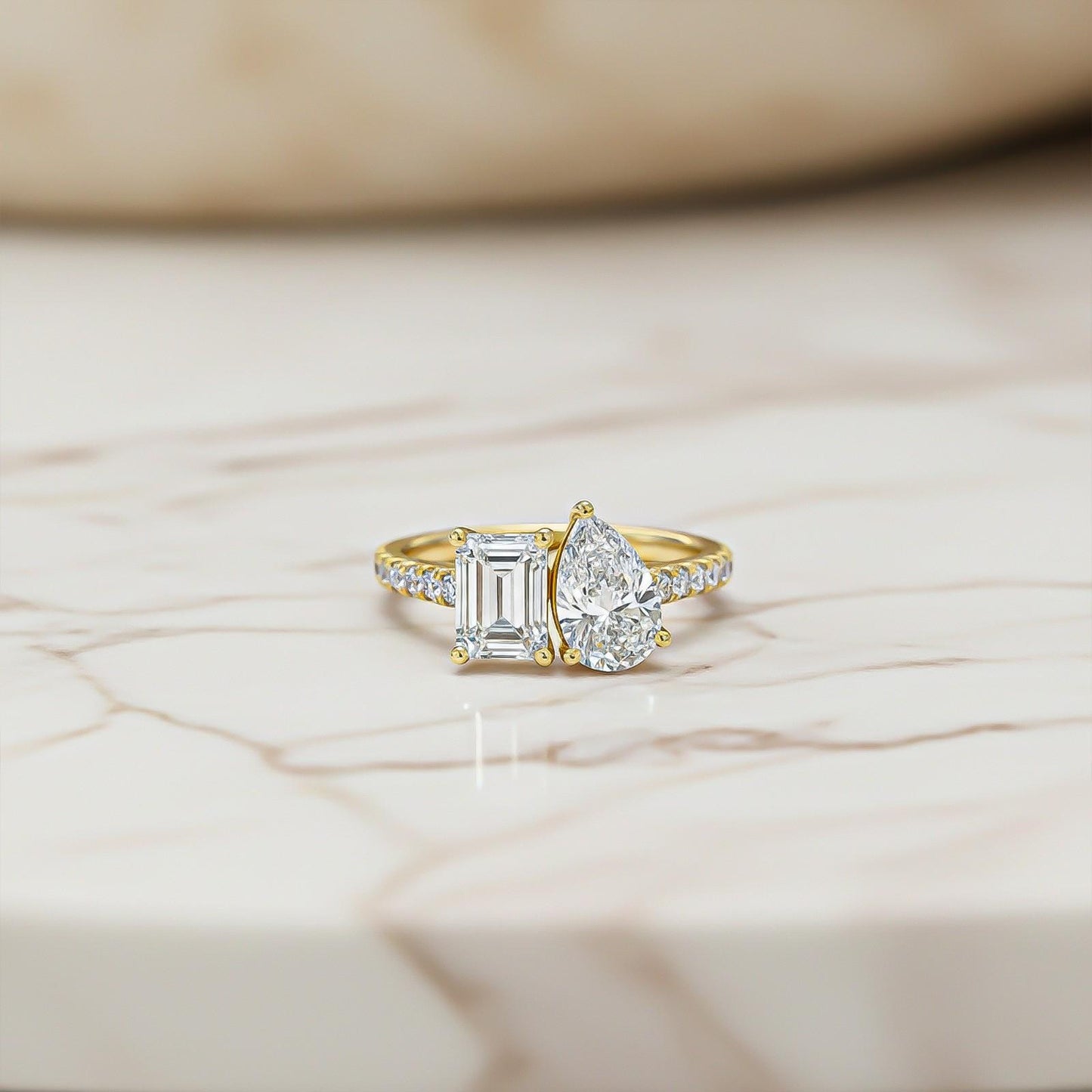 2.10Ctw Emerald & Pear Moissanite Dual Stone Accent Ring