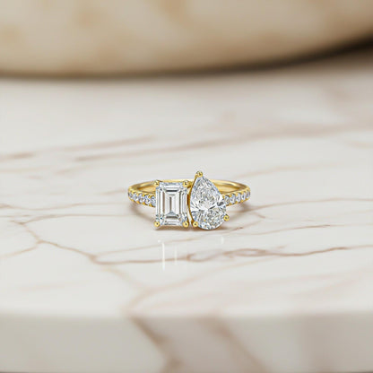 2.10Ctw Emerald & Pear Moissanite Dual Stone Accent Ring