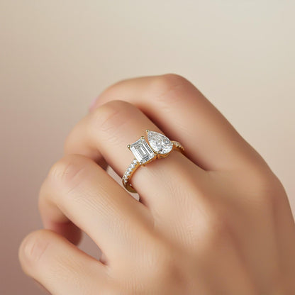 2.10Ctw Emerald & Pear Moissanite Dual Stone Accent Ring