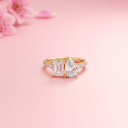2.10Ctw Emerald & Pear Moissanite Dual Stone Accent Ring