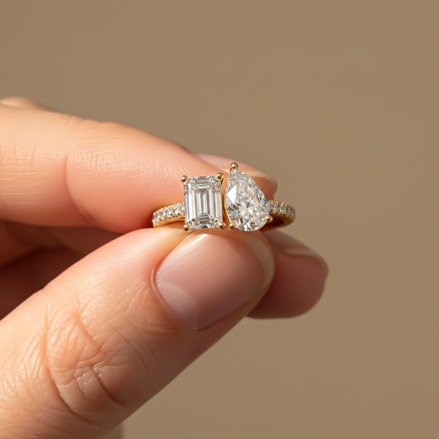 2.10Ctw Emerald & Pear Moissanite Dual Stone Accent Ring
