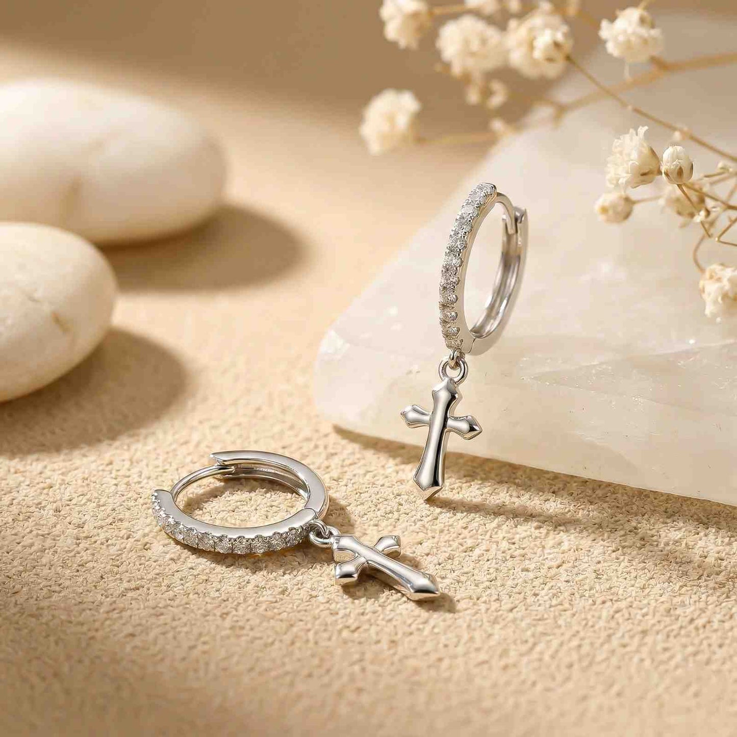 Silver Moissanite Cross Hoop Drop Earrings
