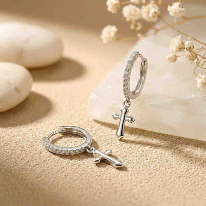 Silver Moissanite Cross Hoop Drop Earrings
