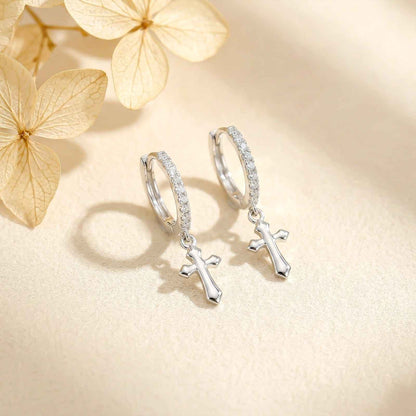 Silver Moissanite Cross Hoop Drop Earrings