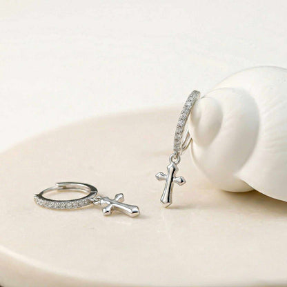 Silver Moissanite Cross Hoop Drop Earrings
