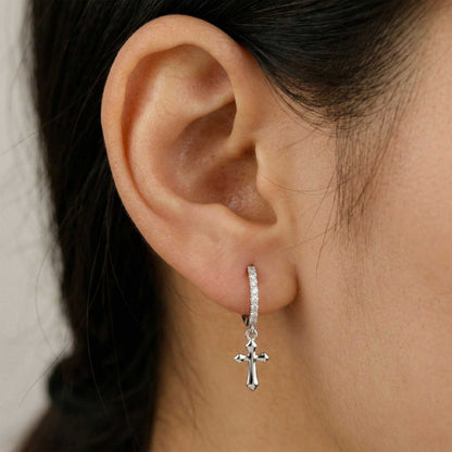 Silver Moissanite Cross Hoop Drop Earrings