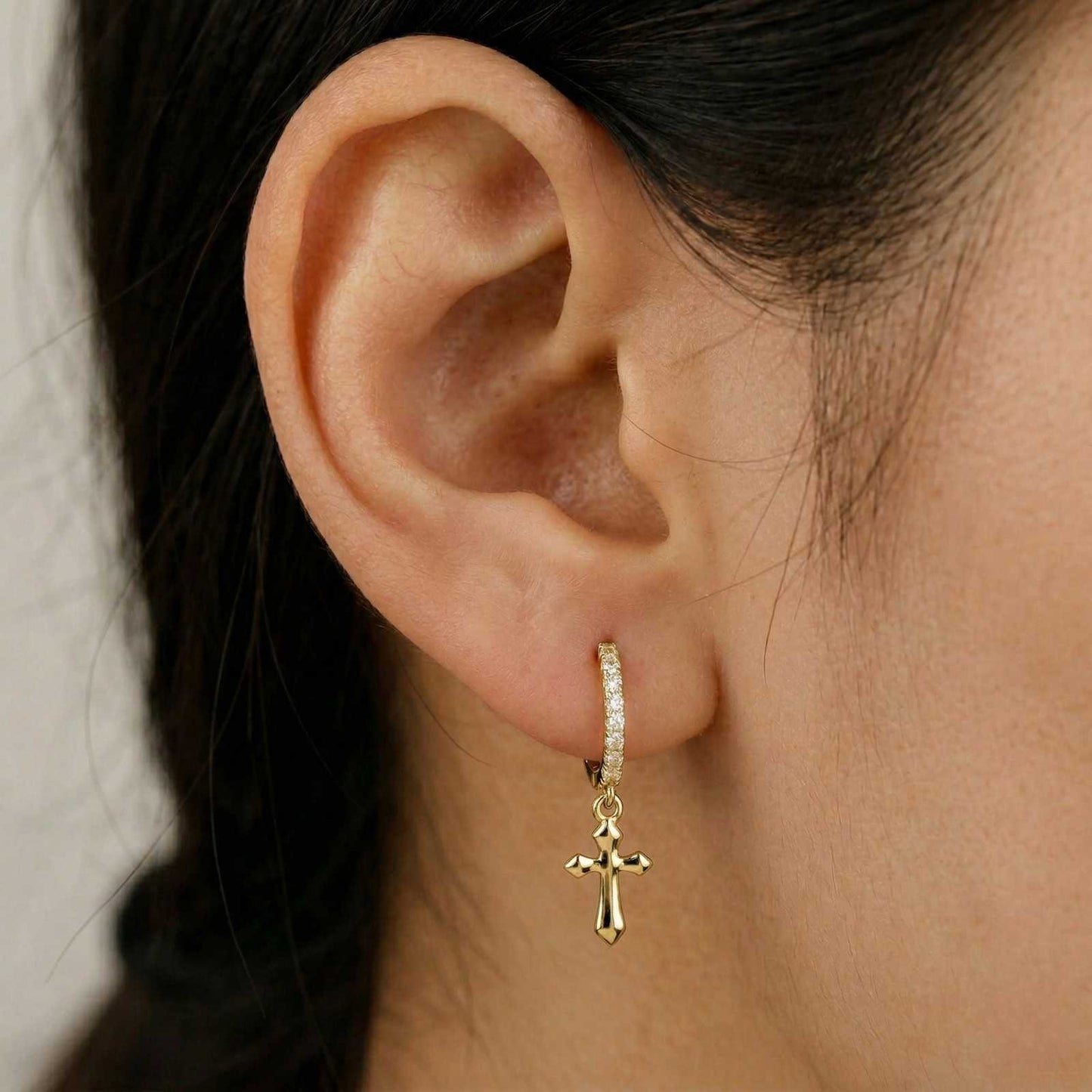 Golden Moissanite Cross Hoop Drop Earrings
