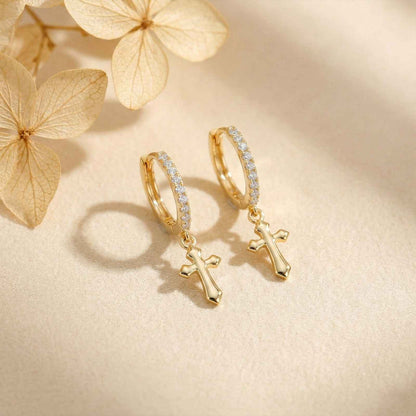 Golden Moissanite Cross Hoop Drop Earrings