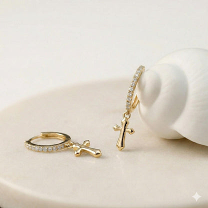 Golden Moissanite Cross Hoop Drop Earrings