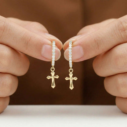 Golden Moissanite Cross Hoop Drop Earrings
