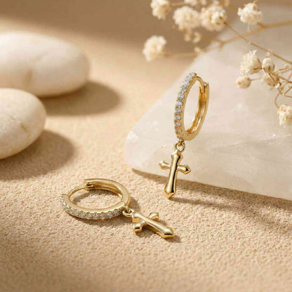 Golden Moissanite Cross Hoop Drop Earrings