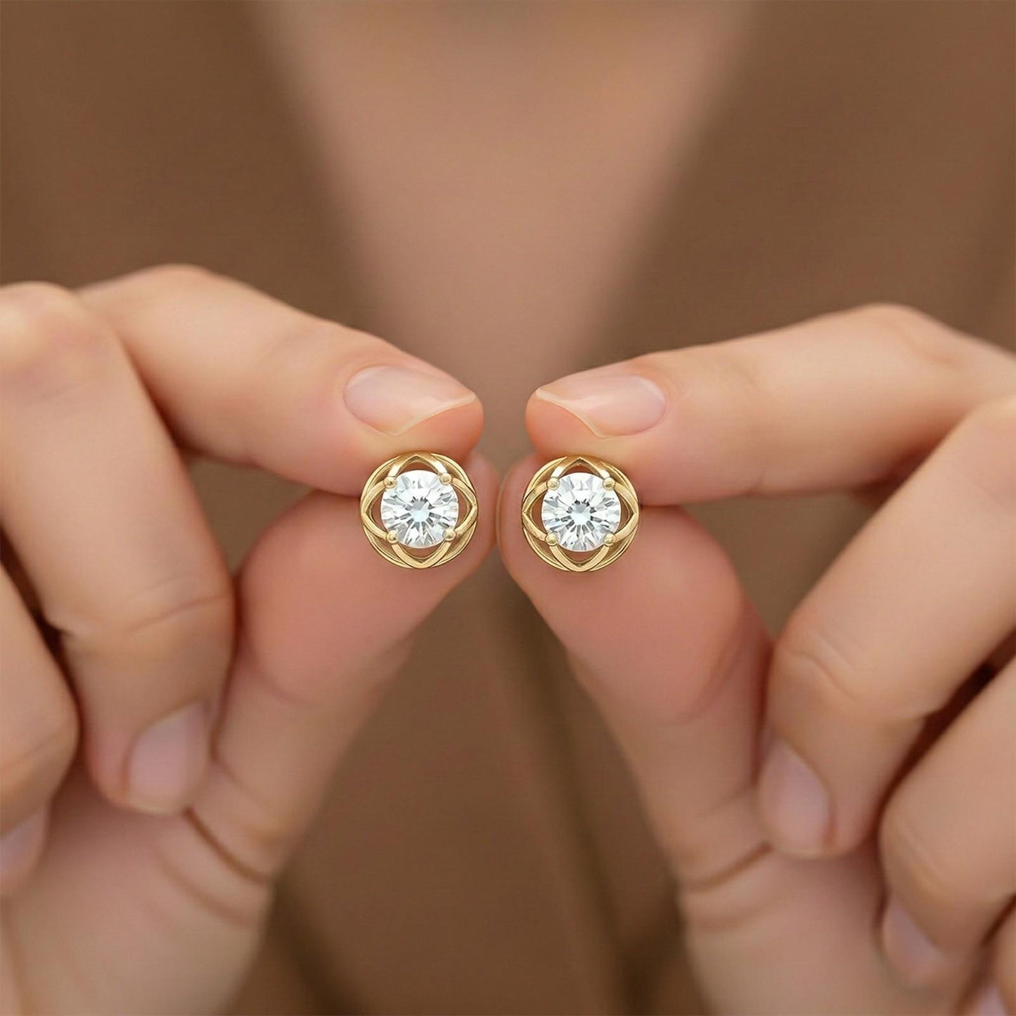 Golden Moissanite Flower Stud Earrings