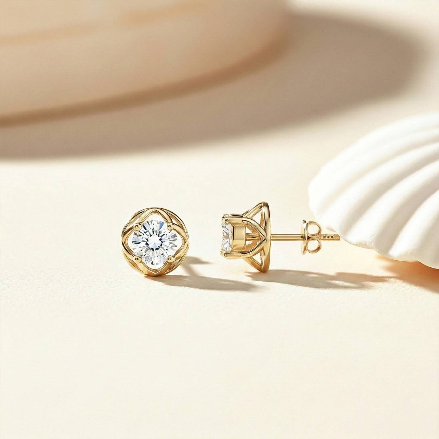 Golden Moissanite Flower Stud Earrings
